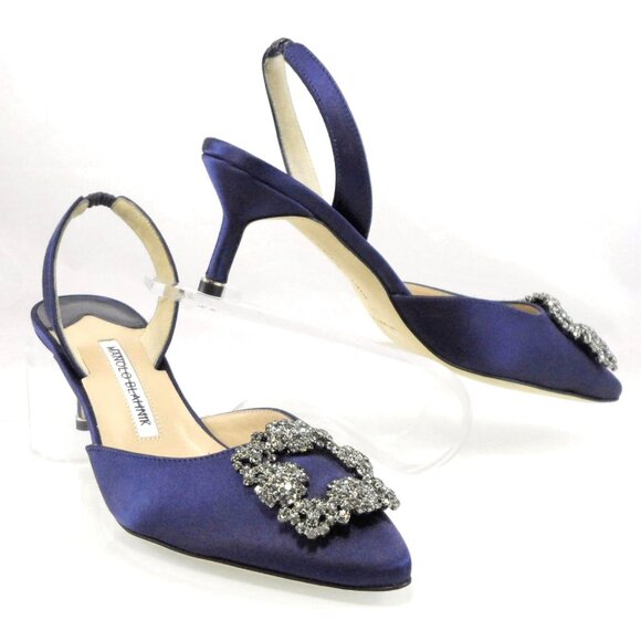 NEW$1295 Manolo Blahnik Hangisli 50 Satin Jewel Buckle Slingback Pump Low Heel 7 - Picture 12 of 16
